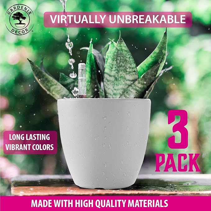 GARDENIX DECOR Self Watering Pots for Indoor Plants 3 Pack - Flower Pot with Water Level Indicator for Plants, Grow Tracking Tool - Self Watering Planter Plant Pot - Coco Coir - White