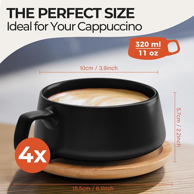MIAMIO - Cappuccino Cup Set of 4, Ceramic (11oz), Wide - Luxe (Black) | Ceramic cappuccino cups and saucers, wide latte cups and mugs for Americano, 4-piece set of ceramic cups, dishwasher safe