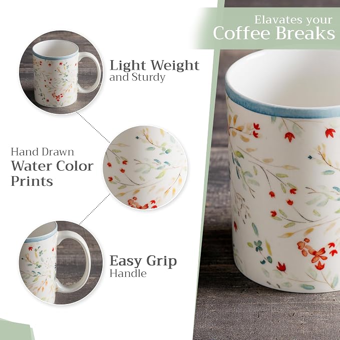 Maison d' Hermine Coffee Mug with Handles Tea Cups (15 Ounce, Pack of 2) | Fine Bone China Coffee Mugs for Hot Beverages Cappuccino Latte Home Restaurant Hotel Spring Summer -Colmar