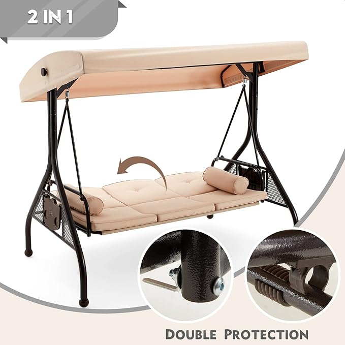 HOMREST 3 Seat Outdoor Porch Swing with Adjustable Canopy, Convertible Patio Swing Bed with Stand, Patio Glider Swing with Upgraded Cup Holder, Thicken Cushions & Pillow for Backyard(Khaki)