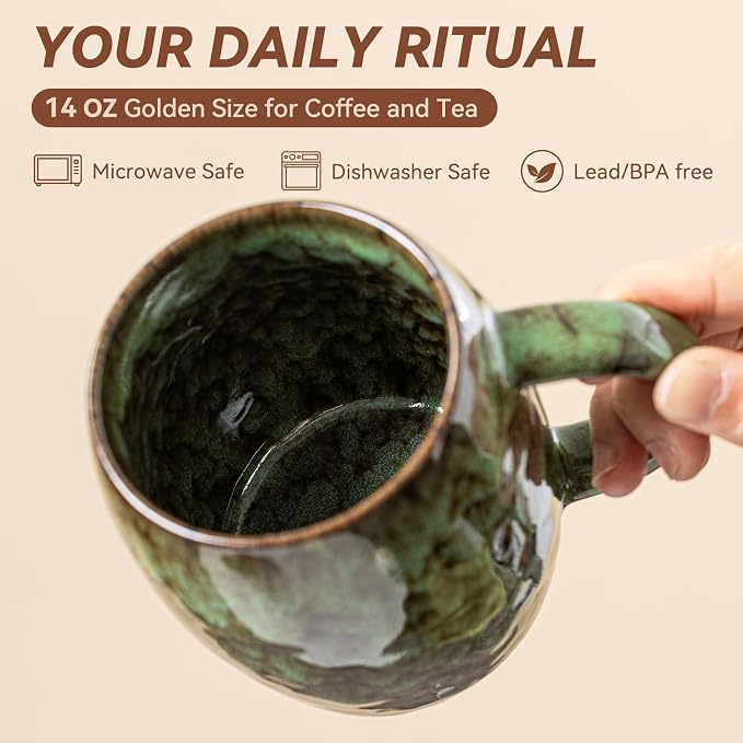 Unique Reactive Glaze Ceramic Coffee Mug - 14 oz Large Coffee Cup with Ergonomic Handle, Forest Green Ceramic Mug for Office & Home, Great Birthday Gift for Women, Men & Friends, Microwave Safe