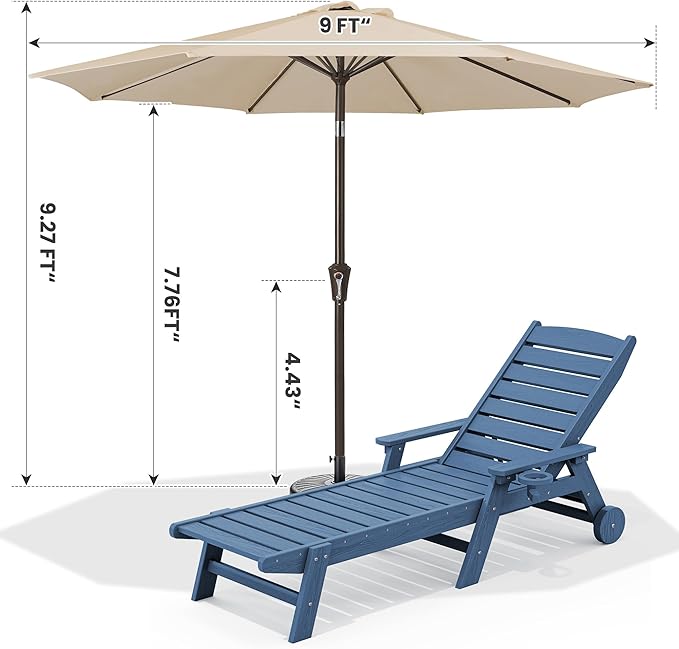SERWALL Patio Chaise Lounge Chair Set of 2 with 9FT Patio Umbrella, 78'' HDPE Outdoor Lounger, Poly Lounge Chair with Rolling Wheels & Cup Holder for Pool,Blue (Umbreall Base not Included)
