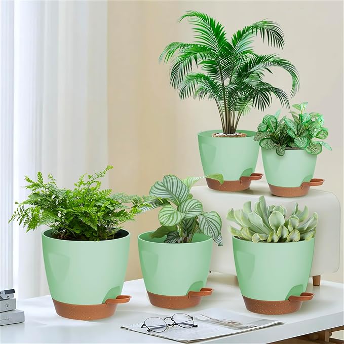 5-Pack Plant Pots with Drainage for Winter Care 7/6.5/6/5.5/5 Inch, Self Watering Pots for Indoor Plants, Planters for Indoor Outdoor Plants, Plastic Flower Pot, Planter for Indoor Outdoor (Green)