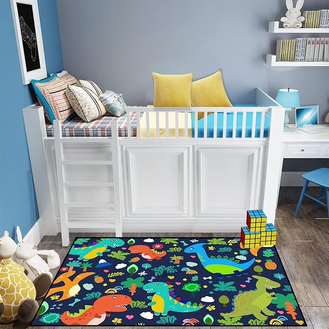 Dinosaur Rugs for Boys Bedroom Cute Dinosaur Area Rug and Leaves Print Dinosaur Rug Kids Rug Play Rug Dinosaur Carpets Cartoon Rug for Playroom Classroom,Blue 3'×4'