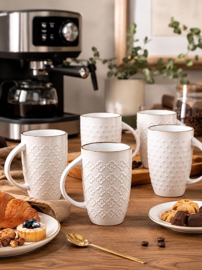 AmorArc Large Coffee Mugs Set of 4, 20oz Tall Coffee Mugs Set | with Texture Patterns for Cappuccino, Latte,Hot Cocoa, Dishwasher & Microwave Safe-Off White