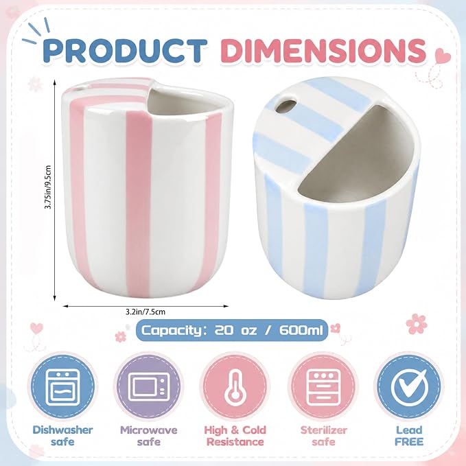 2 Pcs Ceramic Mug with Sip Hole 10 oz Novelty Pink Light Blue Striped Coffee Mug Hand Painted Ceramic Cup Heat Resistant Non Slip Built in One Lid Handcraft Mugs for Coffee Lovers Gift
