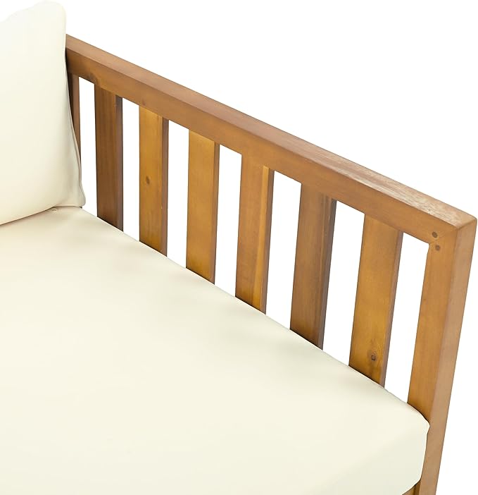 Christopher Knight Home Claremont Outdoor 3 Seater Acacia Wood Daybed with Fabric Water Resistant and Removable Cushions, Patio Garden Poolside Sofa with Slat Paneling Armrest and Back, Teak and Beige
