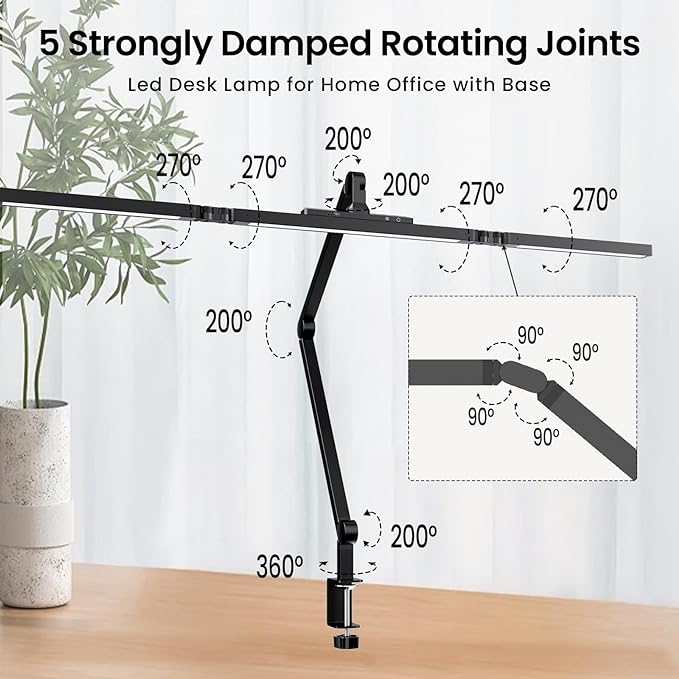 Led Desk Lamp for Home Office, Ultra Bright Touch-Dimming Architect Table Lamp with Clamp, 24W Adjustable Foldable Three Swing Arm Eyecare Led Desk Light with Infrared Sensor-Black