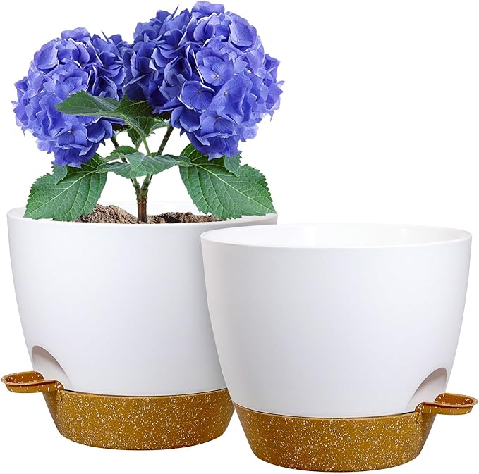 10 inch Self Watering Pots, 2 Pack Plastic Planters with Mesh Drainage Holes for Garden Plants, Plants Pots with Deep Reservoir for Indoor Outdoor Plants, White with Brown