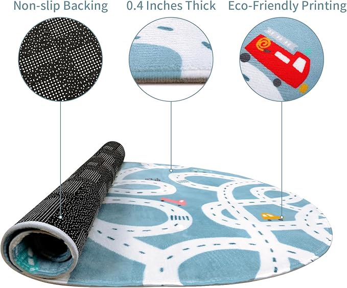 LIVEBOX Large Washable Kids Rug, 4'x6' Non-Slip Car Road Rug for Playroom, Fun Kids Room Rugs for Bedroom, Blue Road Carpet Indoor Kids Play Mat for Toy Room Toddler Room Classroom