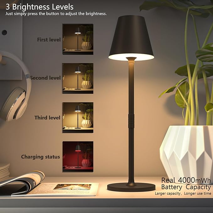 LED CordlessTable Lamp,4000mAh Rechargeable Battery Desk lamp,3 Level Brightness Beside Night Light, Minimalist Design, for Couple Dinner/Coffee Table/Restaurant/Bedroom(Kahaki-4PACK)