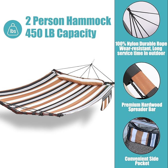TegerDeger 12FT 2 Person Hammock Large Hammock 450LB Capacity with V Shaped Hardwood Spreader Bar & Nylon Rope for Outside, Patio, Garden, Backyard, Beach, Poolside - Coffee Stripes