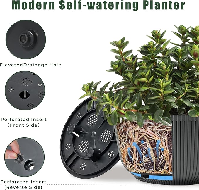 T4U 10 Inch Self Watering Pots for Indoor Plants, Plastic Plant Pots with Drainage Hole, Large Flower Pots for Indoor Outdoor Plants Cactus, Garden, Set of 2, Gray