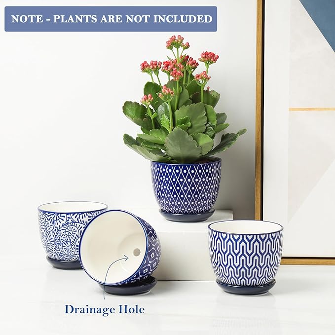 Selamica Ceramic Plant Pots, 4.6 Inch Flower Pots for Indoor Plants, Succulent Pots with Drainage Hole & Saucer, Succulent Planters for Succulent Cactus, Home Decor, Set of 4, Vintage Blue