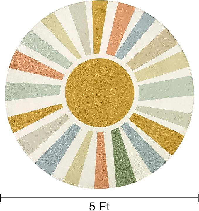 Boho Washable Rug 5 Ft Round Area Rug for Bedroom, Rainbow Circle Kids Rug for Office, Non-Slip Circluar Carpet Soft Sunshine Rug for Dorm Nursery Sofa Living Room Corner