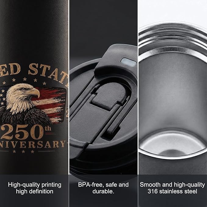 250th Anniversary Coffee Mug, 18 oz Stainless Steel Insulated Tumbler, Vintage Patriotic Design 1776-2026, Fathers Day Birthday Gift Dad From, Military Veteran Retirement Commemorative Gift, Black