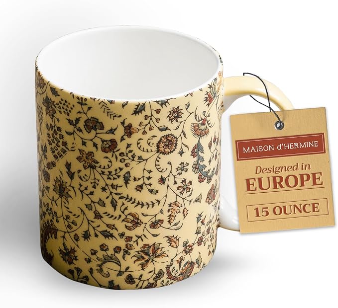 Maison d' Hermine Coffee Mug with Handles Tea Cups (15 Ounce, Pack of 1) | Fine Bone China Coffee Mugs for Hot Beverages Cappuccino Latte Home Restaurant Hotel Spring Summer -Lakshmi - Daya