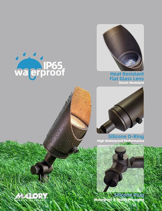 MALORY Brass Landscape Spotlight 12-Pack with MR16 Bulb Kit(S04), Low Voltage 12V AC/DC Shroud Adjustable Outside Yard Lights,PVC Ground Stake and Wire Connector Included, 5W 2700K Warm White