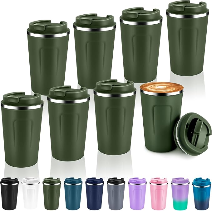 Volhoply 12 oz Double Wall Insulated Vacuum Travel Coffee Mug with Flip Lid Bulk 4 Pack,Reusable Stainless Steel Leak Proof Coffee Cup,Portable Thermal Tumbler for Hot & Cold Drinks(Army Green,8 Set)