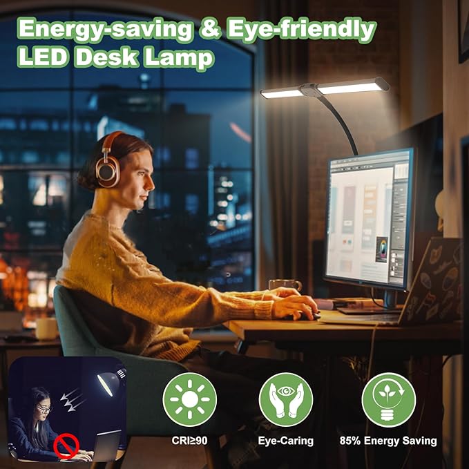 Desk Lamp for Office Home - LED Reading Light 160 LEDs with Clamp Table Lamps Eye-Caring Study Clip on Lights 3 Modes & Stepless Dimming Double Head Computer Lighting for Home, Office and Bedroom