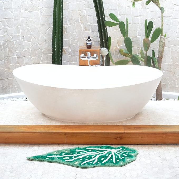 Begonia Non Slip Bath Mat or Kitchen Tufted Rug, Plant Leaf Shaped Kids Pets Floor Mat Carpet, Green, 45.3" x 16.3"
