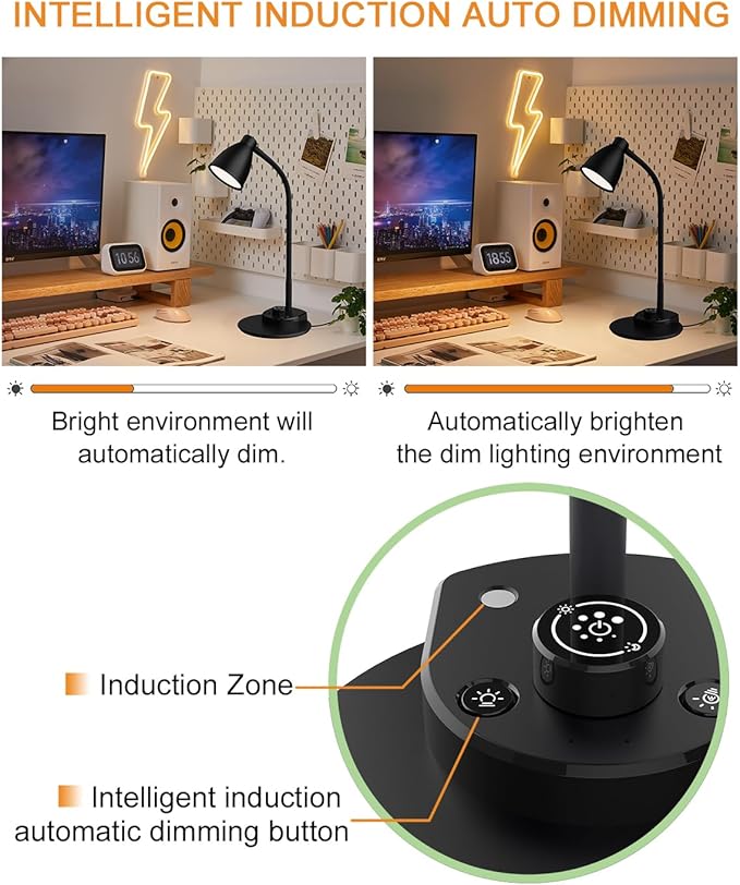 BOHON LED Desk Lamp with USB Charging Port 3 Color Modes Dimmable Reading Light Intelligent Induction Auto Dimming Task Lamp Flexible Gooseneck Table Lamp for Bedside Office, AC Adapter Include