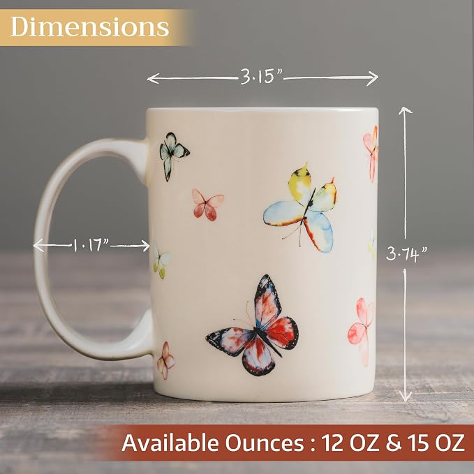 Maison d' Hermine Coffee Mug with Handles Tea Cups (12 Ounce, Pack of 1) | Fine Bone China Coffee Mugs for Hot Beverages Cappuccino Latte Home Restaurant Spring Summer -Botanical Fresh - Butterflies