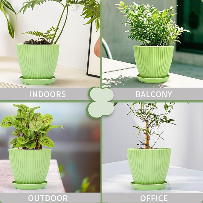 Plant Pots Indoor with Saucers & Drainage - 6 Pack Flower Pots - Plastic Planters for Indoor Planter - 7.5/6.6/5.8/5.0/4.3/3.5 inches Sizes for All Different Types of Plants-Light Green