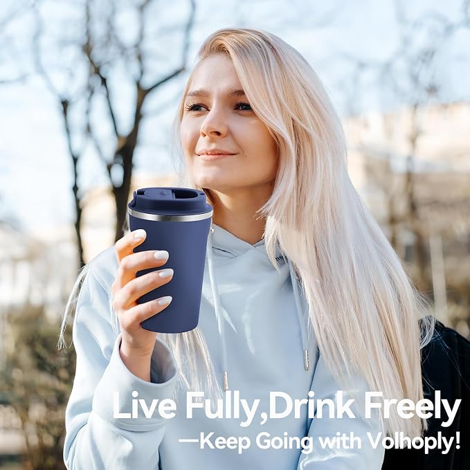 Volhoply 12 oz Double Wall Insulated Vacuum Travel Coffee Mug with Flip Lid,Reusable Stainless Steel Leak Proof Coffee Cup,Portable Iced Cafe Thermal Tumbler Suitable for Hot & Cold Drinks(Navy,1 Set)