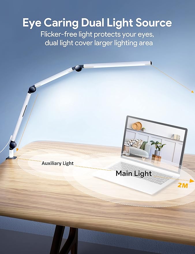 MediAcous LED Desk Lamp with Clamp, Dual Light Desk Lamp with Swing Arm, Dimmable 4 Color Modes & 4 Brightness Table Lamp, Eye-Caring Clip-on Lamp with Memory Function for Home Office, White