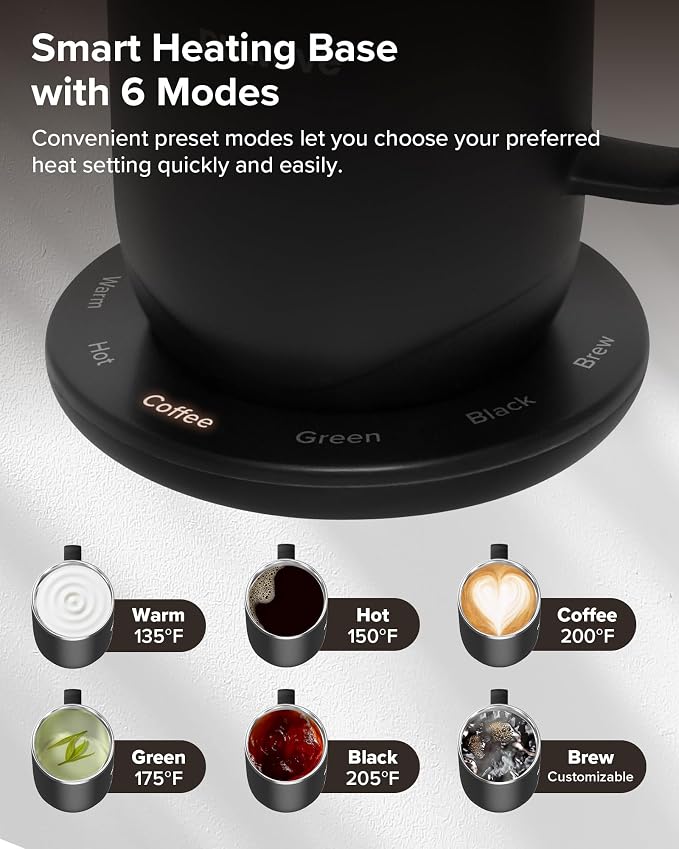 Nuwave Self-Heating Coffee Mug with Charging Base, 16oz, 45201BV02 | Heated Coffee Cup, 5Hr Cordless Runtime, LED Touch Controls, Adjustable Brew Settings, Includes Stainless Steel Filter