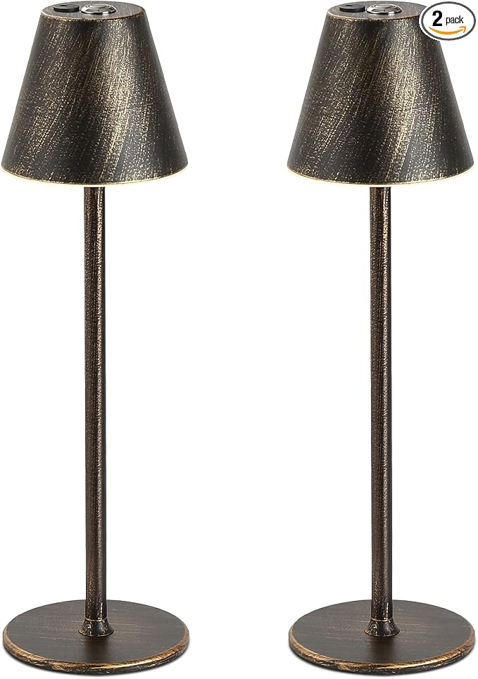 2 Pack LED CordlessTable Lamp,4000mAh Rechargeable Battery Desk lamp,3 Level Brightness Night Light, Metal Shell,Simple Design, for Couple Dinner/Coffee Table/Restaurant/Bedroom(Vintage Copper 2pack)