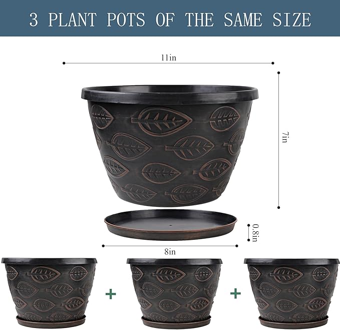 3 Pack Flower Pots Outdoor 11 Inch Plant Pots Indoor, Large-Plastic-Plant-Flower-Planters-Pots with Drainage Hole & Tray, Modern Decorative Garden Pot with Saucer(Brown)