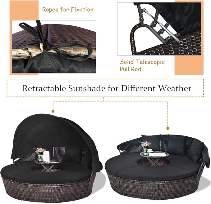 Tangkula Patio Round Daybed with Retractable Canopy, Outdoor Wicker Rattan Furniture Sets, Sectional Cushioned Sofa Set w/Height Adjustable Coffee Table, Rattan Conversation Sets (Black)