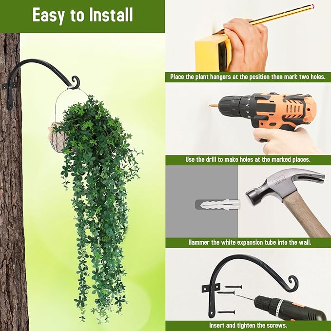 FEED GARDEN 2 Pack 12 Inch Hanging Plant Bracket Wall Hooks Decorative Plant Hangers for Outdoor Hanging Bird Feeders, Wind Chimes, Plant Baskets, Black