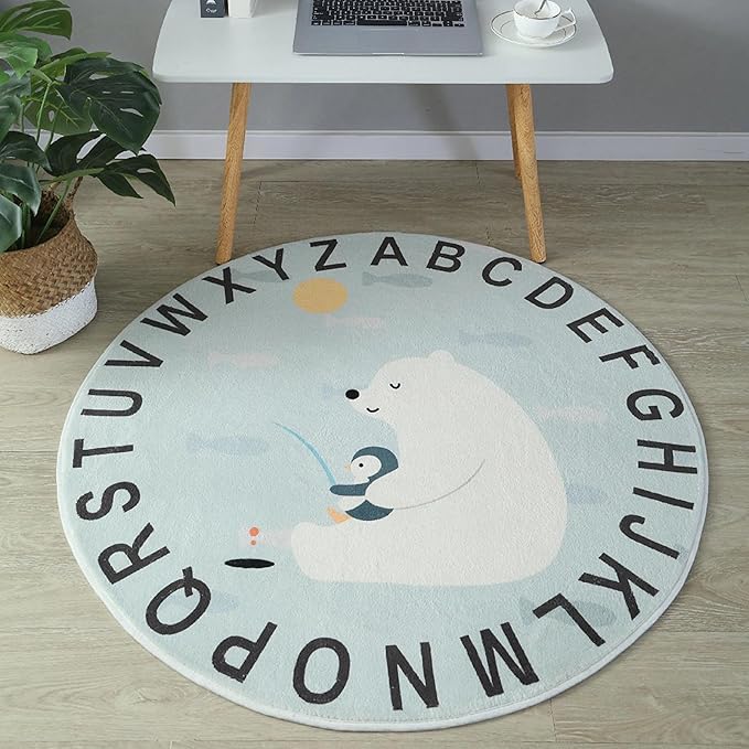 ABC Round Rug for Kids Warm and Soft Alphabet Nursery Animal Area Rugs Fun Rugs for Play Rooms Non-Slip Mats Crawling Mats Decorative Rugs for Bedrooms Living Rooms (Polar bear, 78in)