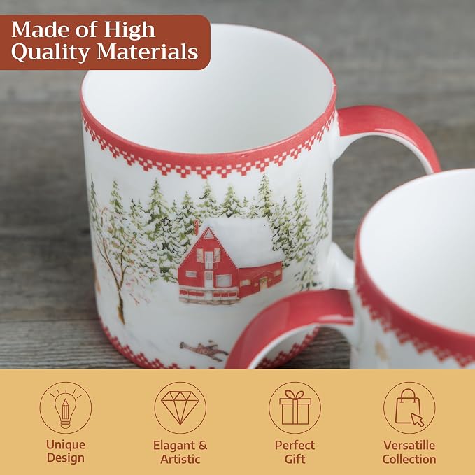 Maison d' Hermine Coffee Mug with Handles Tea Cups (12 Ounce, Pack of 2) | Fine Bone China Coffee Mugs for Hot Beverages Cappuccino Latte Home Restaurant Hotel Spring Summer -Rural Christmas