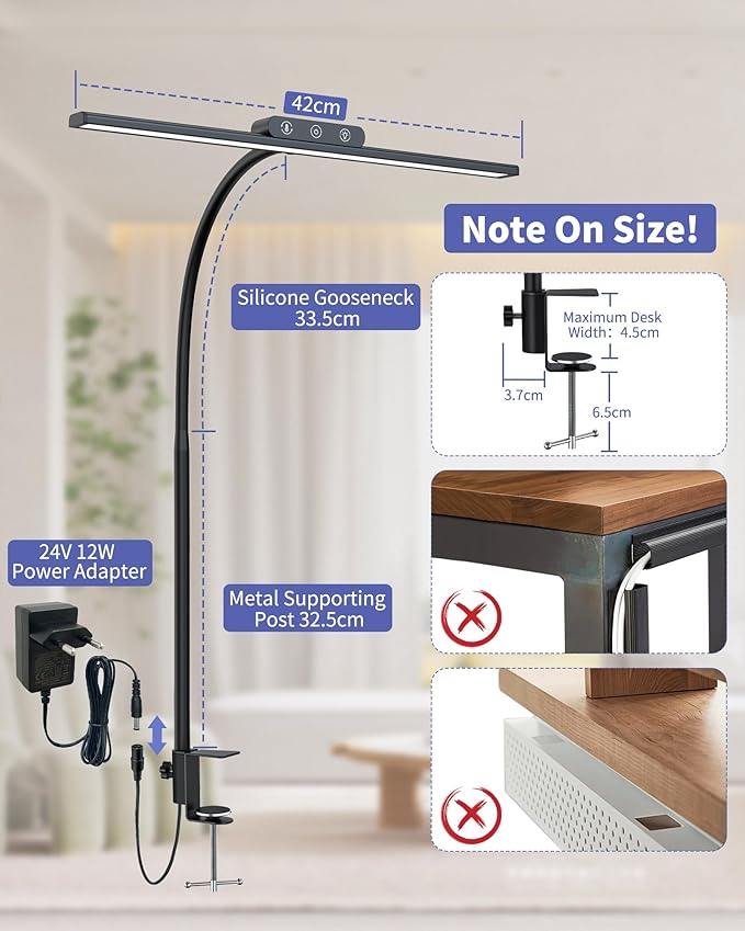 EppieBasic Desk Lamp, Architect Desk Lights for Home Office, Eye Care Led Desk Lamps with Clamp Dimmable & 4 Color Modes, 24V Bright Table Lamp Office Lighting for Working Reading Study