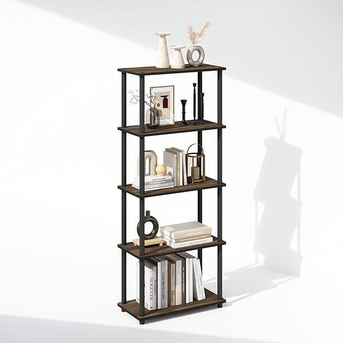 Furinno Turn-N-Tube 5-Tier Multipurpose Compact Display Rack, Shelving Unit, Bookcase, Columbia Walnut/Black
