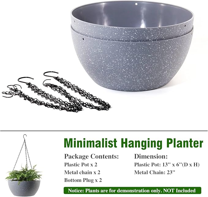 WOUSIWER 13 inch 2 Pack Large Hanging Planters for Indoor Outdoor Plants with Drainage Holes and Chain, Round Hanging Flower Pots for Garden Home Porch Decor, Grey Speckles