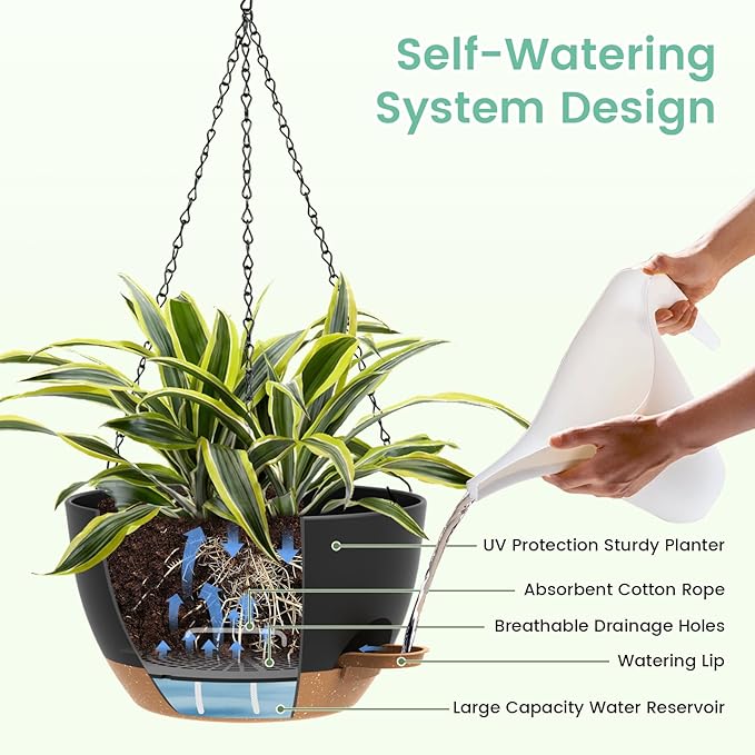 Set of 3-10 Inch Self Watering Hanging Planters for Indoor Outdoor,Hanging Plant Pots with Drainage & Removable Tray, Hanging Pots Holder for Ivy, Pothos, Ferns, Balcony & Patio, Black with Brown