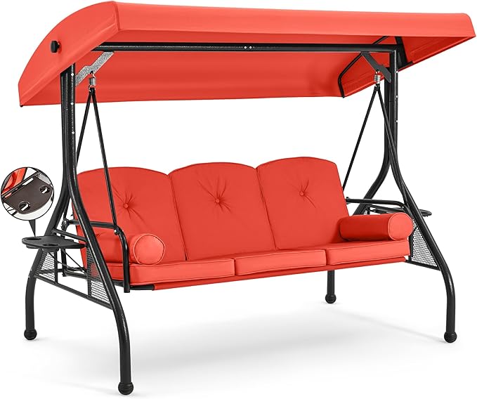 HOMREST 3 Seat Outdoor Porch Swing with Adjustable Canopy, Convertible Patio Swing Bed with Stand, Patio Glider Swing with Upgraded Cup Holder, Thicken Cushions & Pillow for Backyard(Orange)