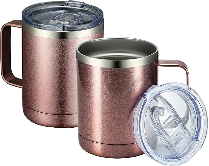 MEWAY 12oz Coffee Mug With Handle 2 Pack Bulk,Stainless Steel Insulated Travel Tumblers With Sliding Lid,Double Wall Vacuum Camping Cup for Hot & Cold Drinks Tea (Rose Gold,Set of 2)