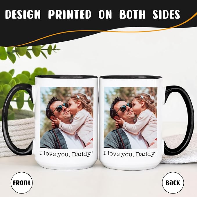 Personalized Coffee Mug 15 Oz, Custom Picture Text or Logo Ceramic Mug, Customized Gift for Men & Women, Taza Personalizada with Photo and Words, Customizable Large Tea Cup | White - Black