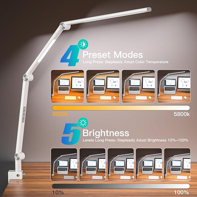 LED Desk Lamp, Desk Light for Home Office, Dual Light Source, Eye-Caring Optical Lens, 5 Color Modes & Brightness, Office Lamp, Clamp Lamp with Timer/Memory Function, 18W Nail Light
