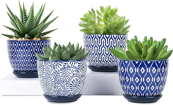 Selamica Ceramic Plant Pots, 4.6 Inch Flower Pots for Indoor Plants, Succulent Pots with Drainage Hole & Saucer, Succulent Planters for Succulent Cactus, Home Decor, Set of 4, Vintage Blue