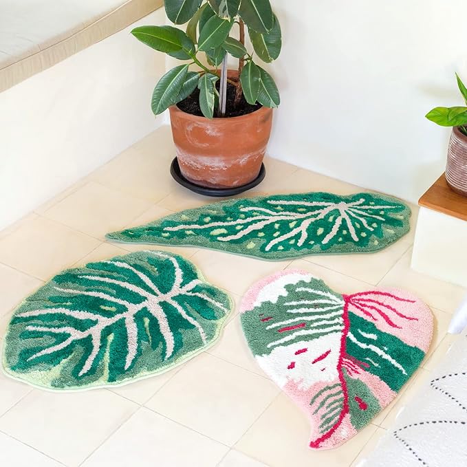Monstera Non Slip Bath Mat or Kitchen Tufted Rug, Plant Leaf Shaped Kids Pets Floor Mat Carpet, Green, 32" x 24"