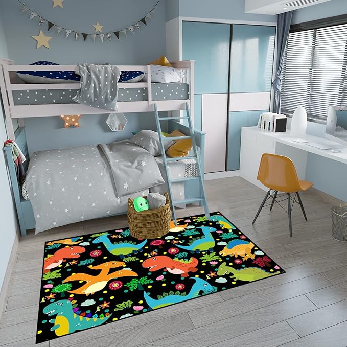 Dino Rugs for Boys Room Kids Play Rug Dinosaur Play Rug Dinosaur Carpet Dinosaur Rug Dinosaur Cartoon Carpet for Boys and Girls Bedroom Classroom,Black 4'×5'