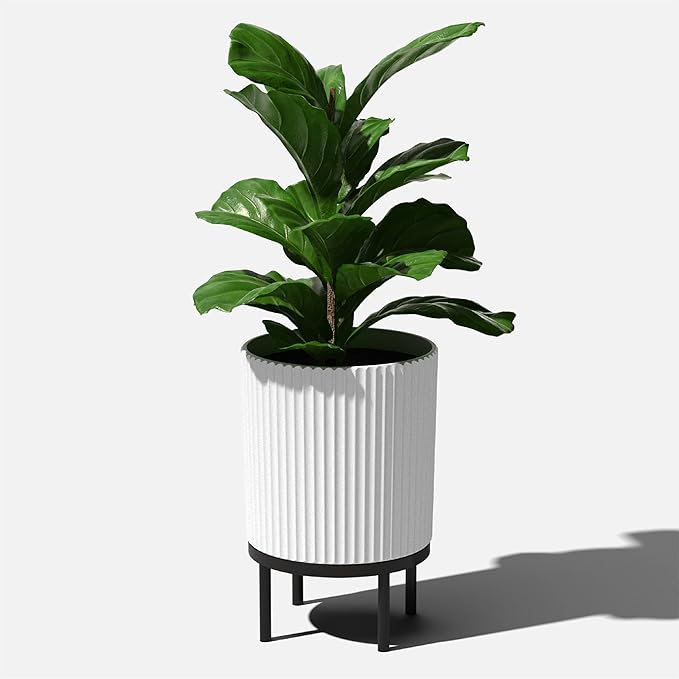 Veradek Demi Series Round Planter w/Stand for Porch/Patio | Durable Plastic-Stone Composite & Wooden Stand | Modern Décor for Tall Plants, Flowers