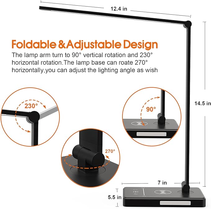LED Desk Lamp with 10W Fast Wireless Charger, Dimmable Eye Caring Reading Desk Lamps for Office Home, Desk Light with 5 Lighting & 10 Brightness, Touch Control Table Lamp Dorm for Study Gifts BEYONDOP